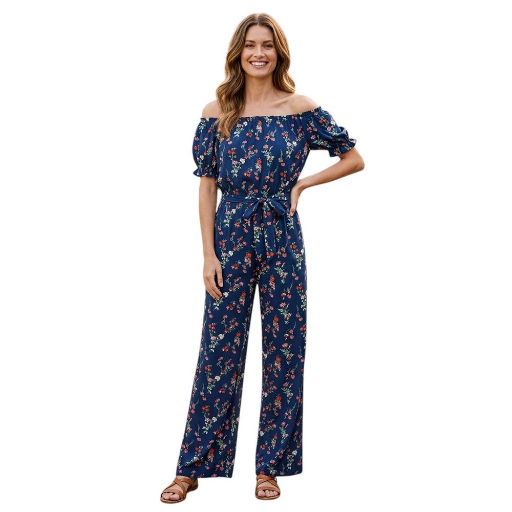 Kingston Grey Navy Floral Off-The-Shoulder Jumpsuit, XXS